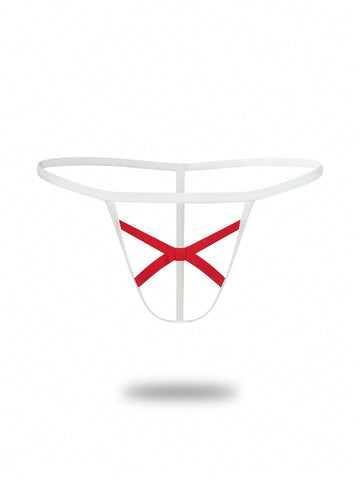 Men's low rise colorblock thong underwear in red and white knitted fabric.