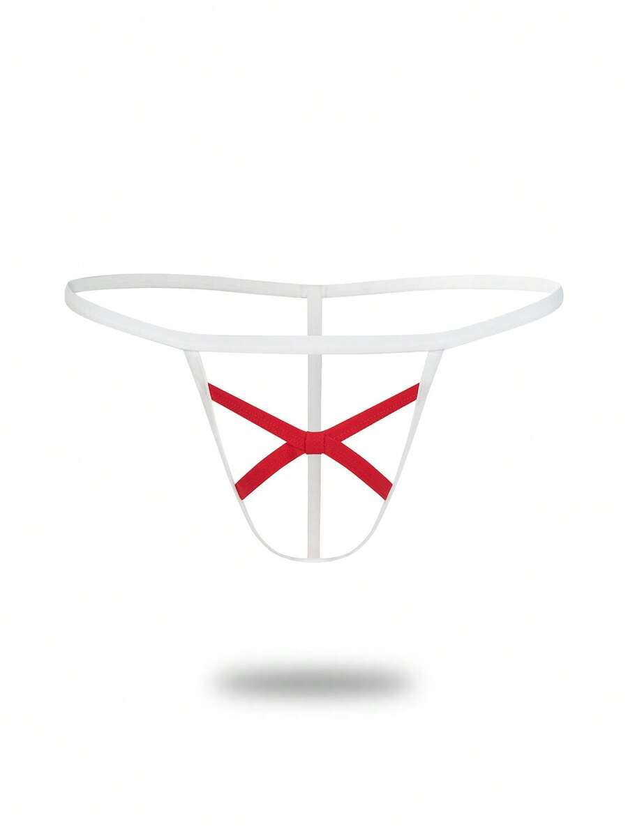 Men's low rise colorblock thong underwear in red and white knitted fabric.