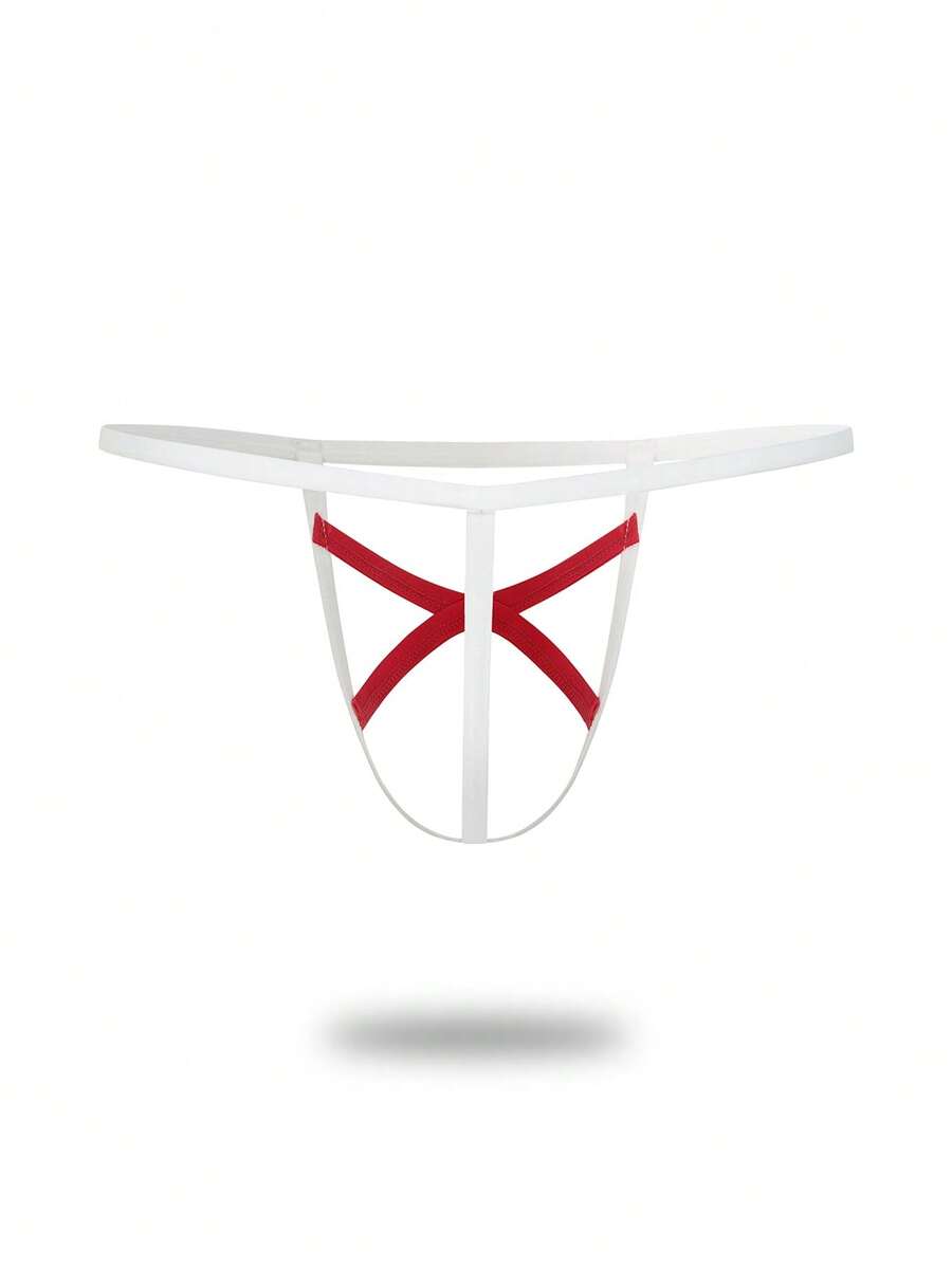 Men's low rise colorblock thong underwear in red and white knitted fabric.