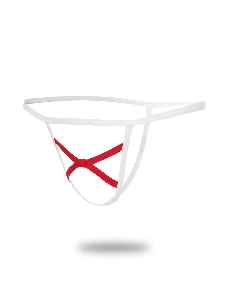 Men's low rise colorblock thong underwear in red and white knitted fabric.