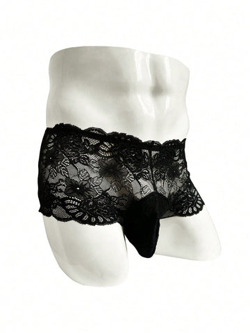 Black lace boxer briefs for men featuring a naughty Halloween style and mid-rise fit.