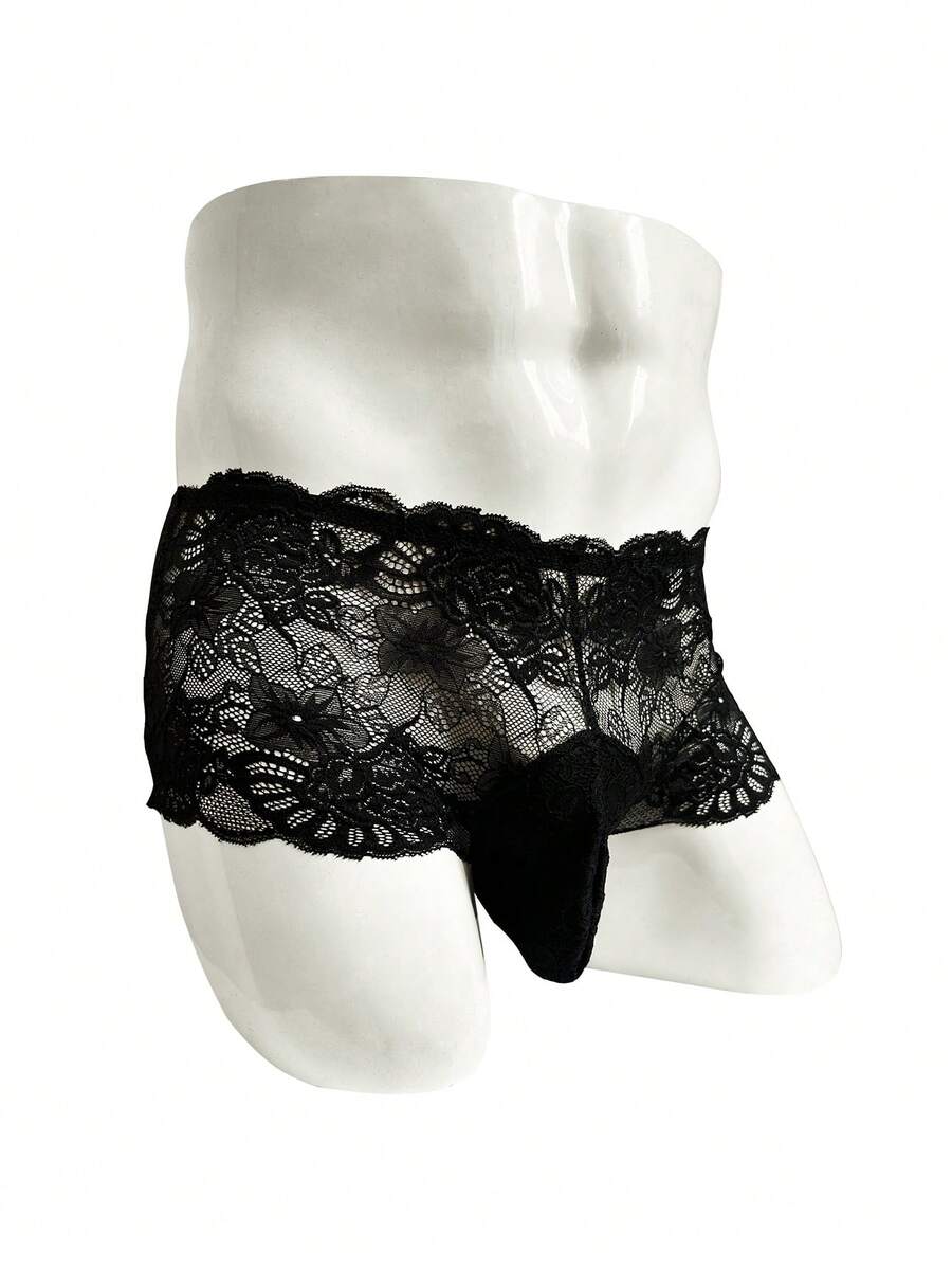 Black lace boxer briefs for men featuring a naughty Halloween style and mid-rise fit.
