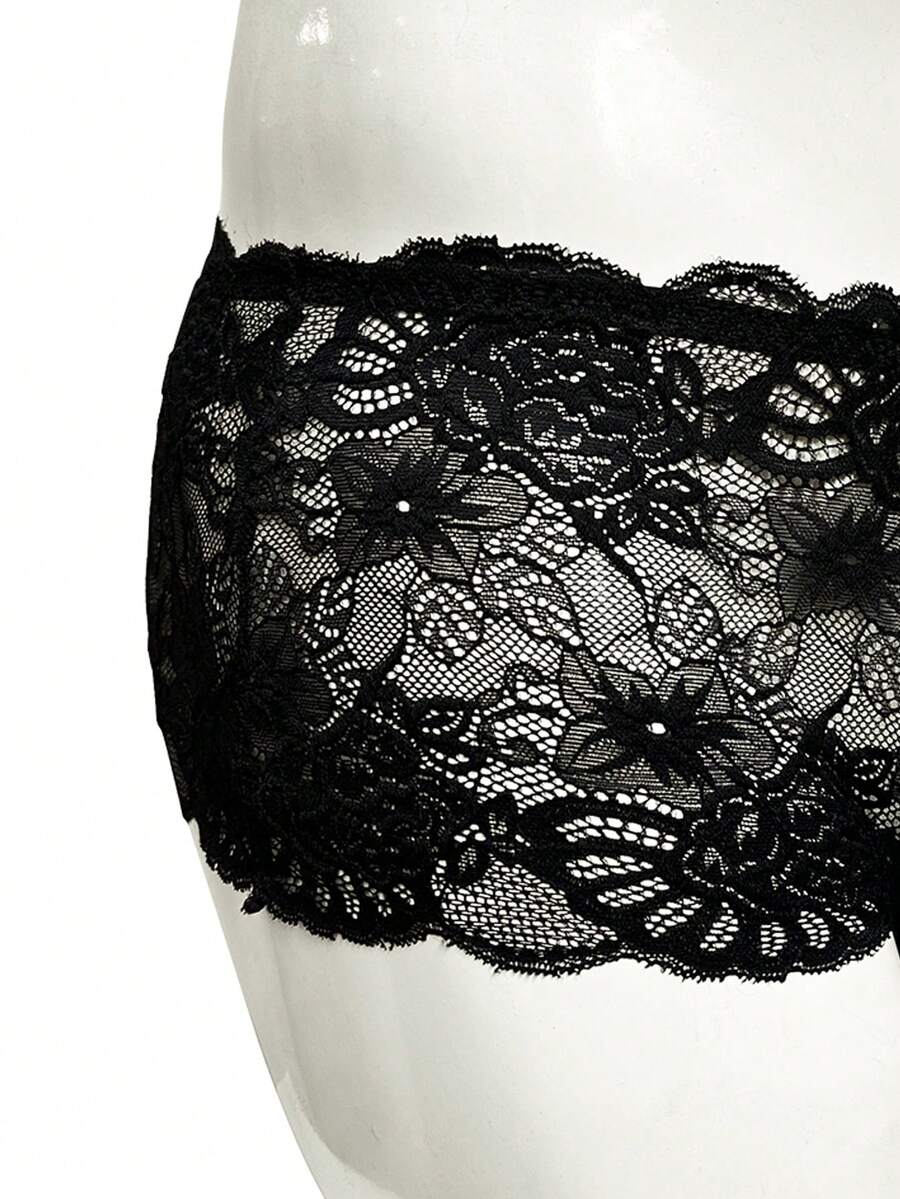 Black lace boxer briefs for men featuring a naughty Halloween style and mid-rise fit.