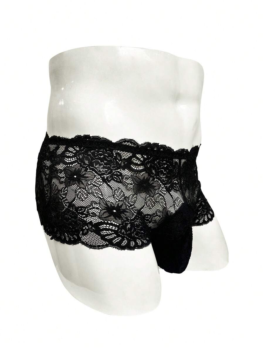 Black lace boxer briefs for men featuring a naughty Halloween style and mid-rise fit.