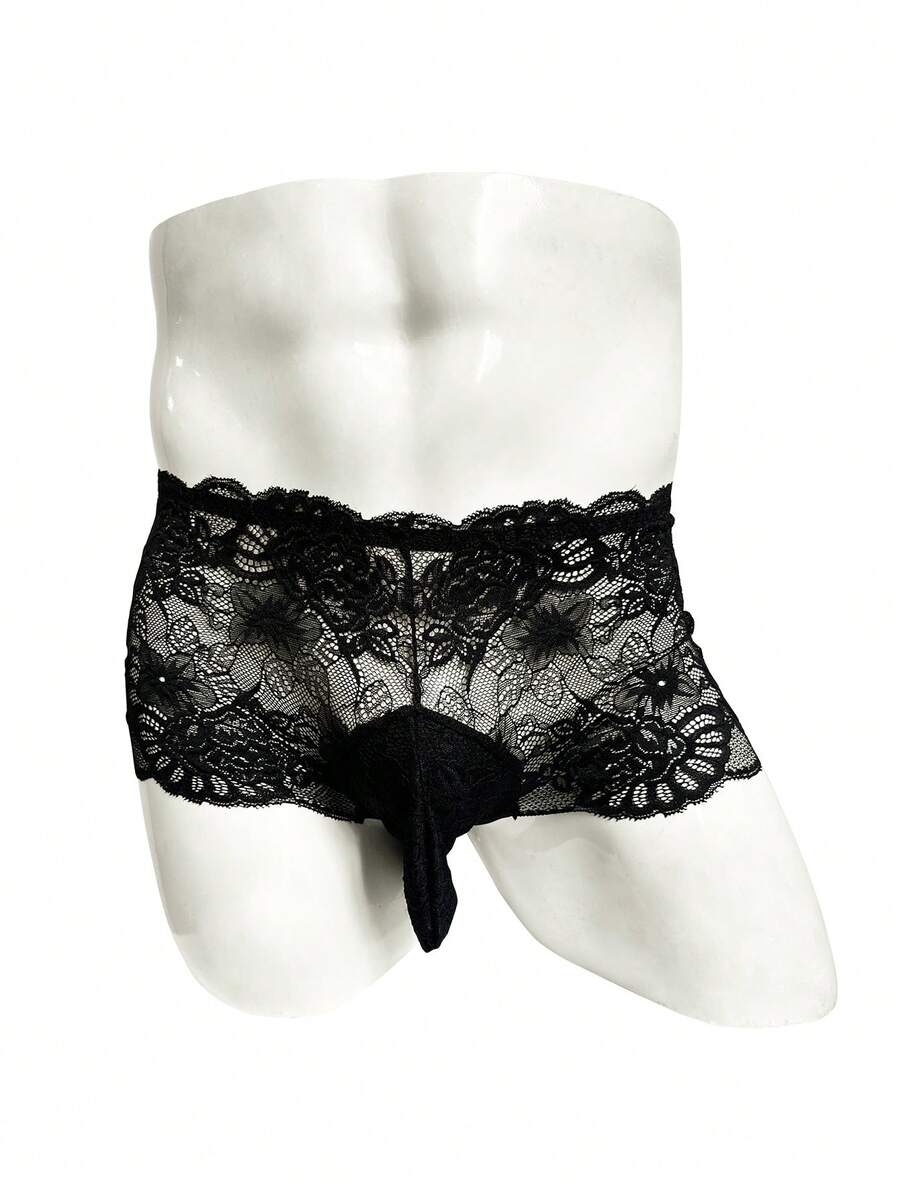Black lace boxer briefs for men featuring a naughty Halloween style and mid-rise fit.