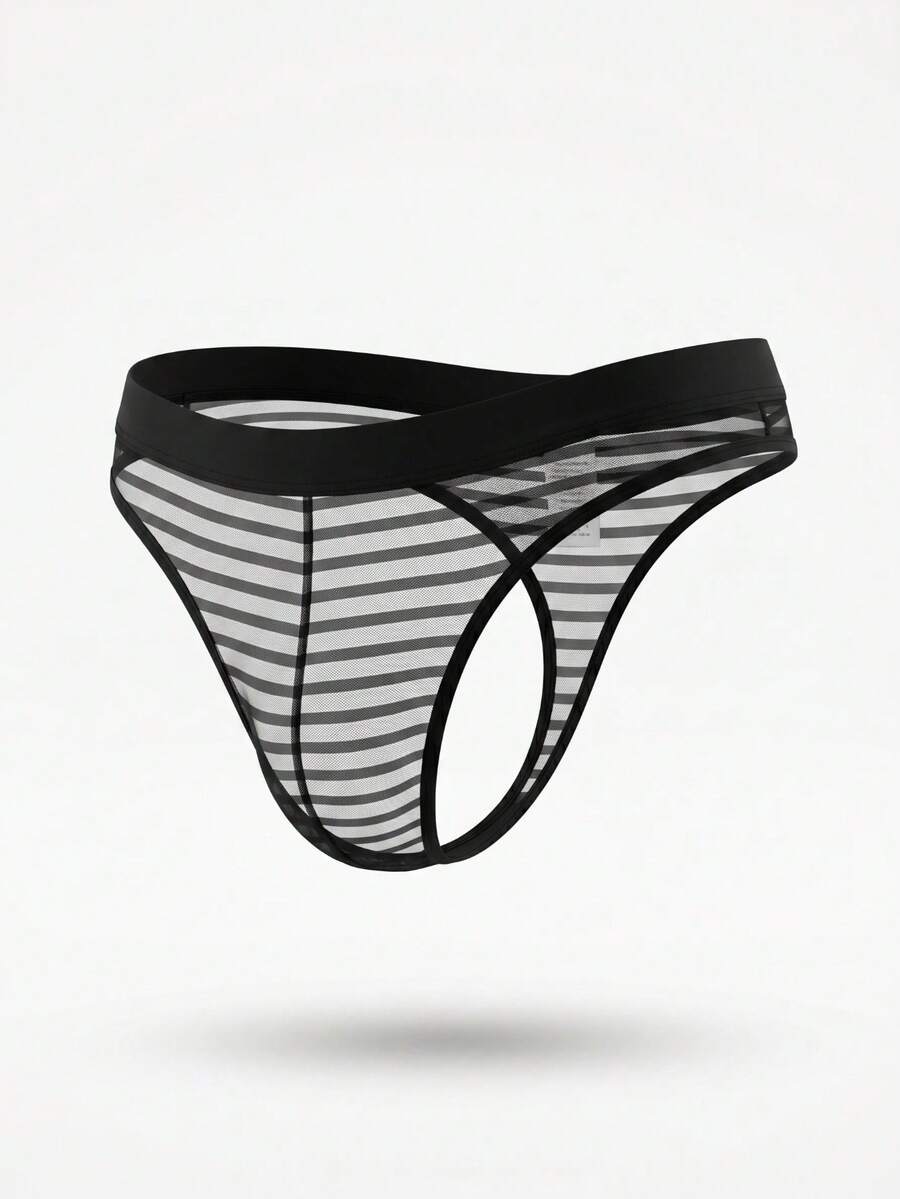 Black men's semi-sheer low rise thong underwear made from medium stretch knitted fabric.