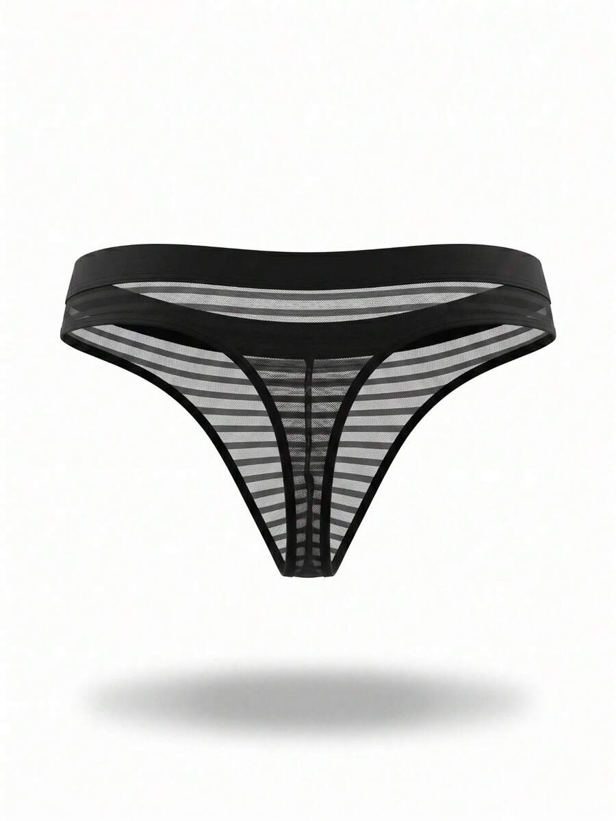 Black men's semi-sheer low rise thong underwear made from medium stretch knitted fabric.