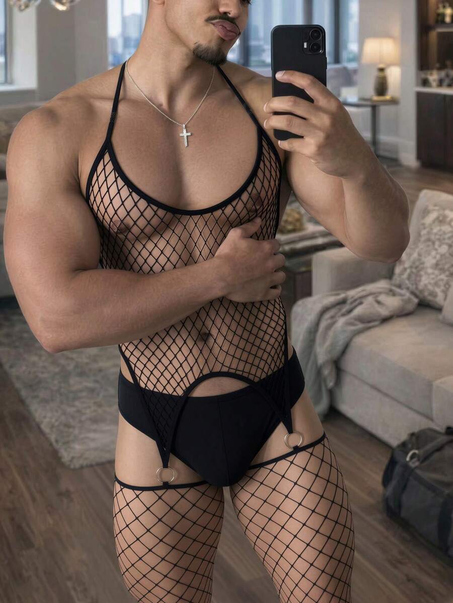 Black sheer fishnet bodystocking jumpsuit for men made from high-stretch knitted fabric.