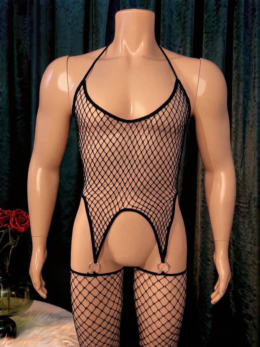 Black sheer fishnet bodystocking jumpsuit for men made from high-stretch knitted fabric.