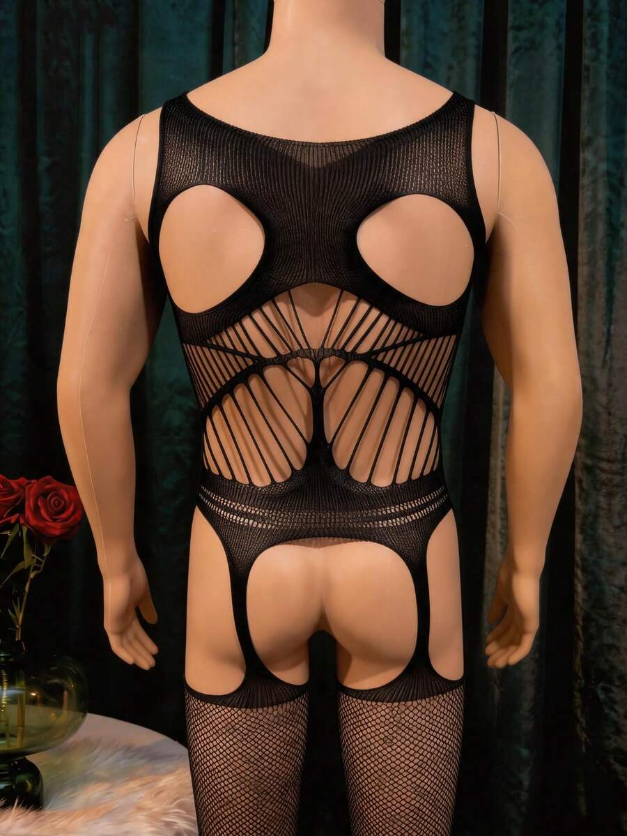 Black sheer fishnet bodystocking for men featuring a striped pattern design, scoop neckline, low rise fit, and high stretch knitted fabric.