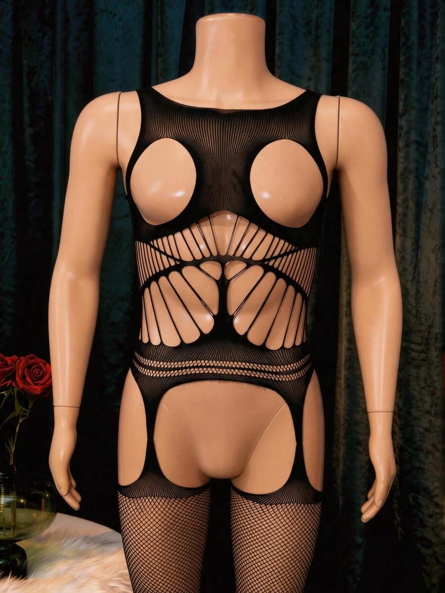 Black sheer fishnet bodystocking for men featuring a striped pattern design, scoop neckline, low rise fit, and high stretch knitted fabric.