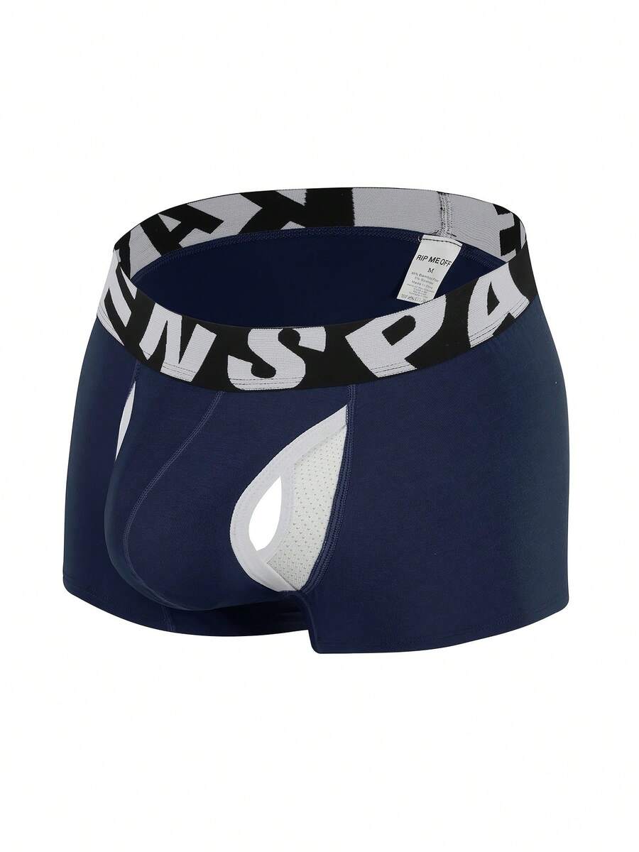 Men's sporty underwear trunks in royal blue featuring an opening pouch design, mid-rise elastic waistband, and colorblock patched details.