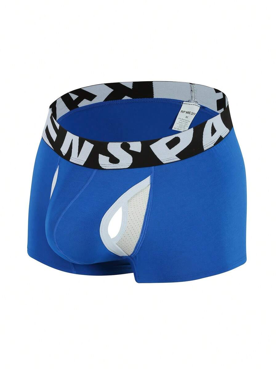 Men's sporty underwear trunks in royal blue featuring an opening pouch design, mid-rise elastic waistband, and colorblock patched details.