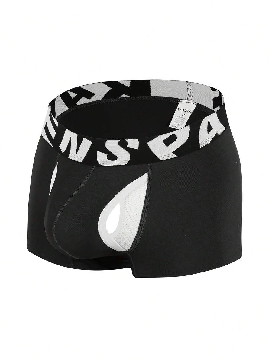 Men's sporty underwear trunks in royal blue featuring an opening pouch design, mid-rise elastic waistband, and colorblock patched details.