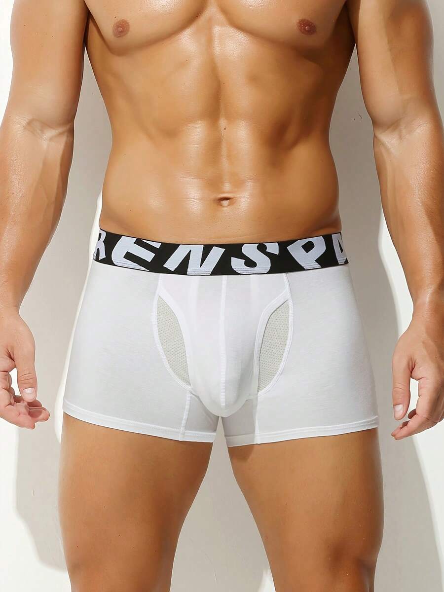 Men's sporty underwear trunks in royal blue featuring an opening pouch design, mid-rise elastic waistband, and colorblock patched details.