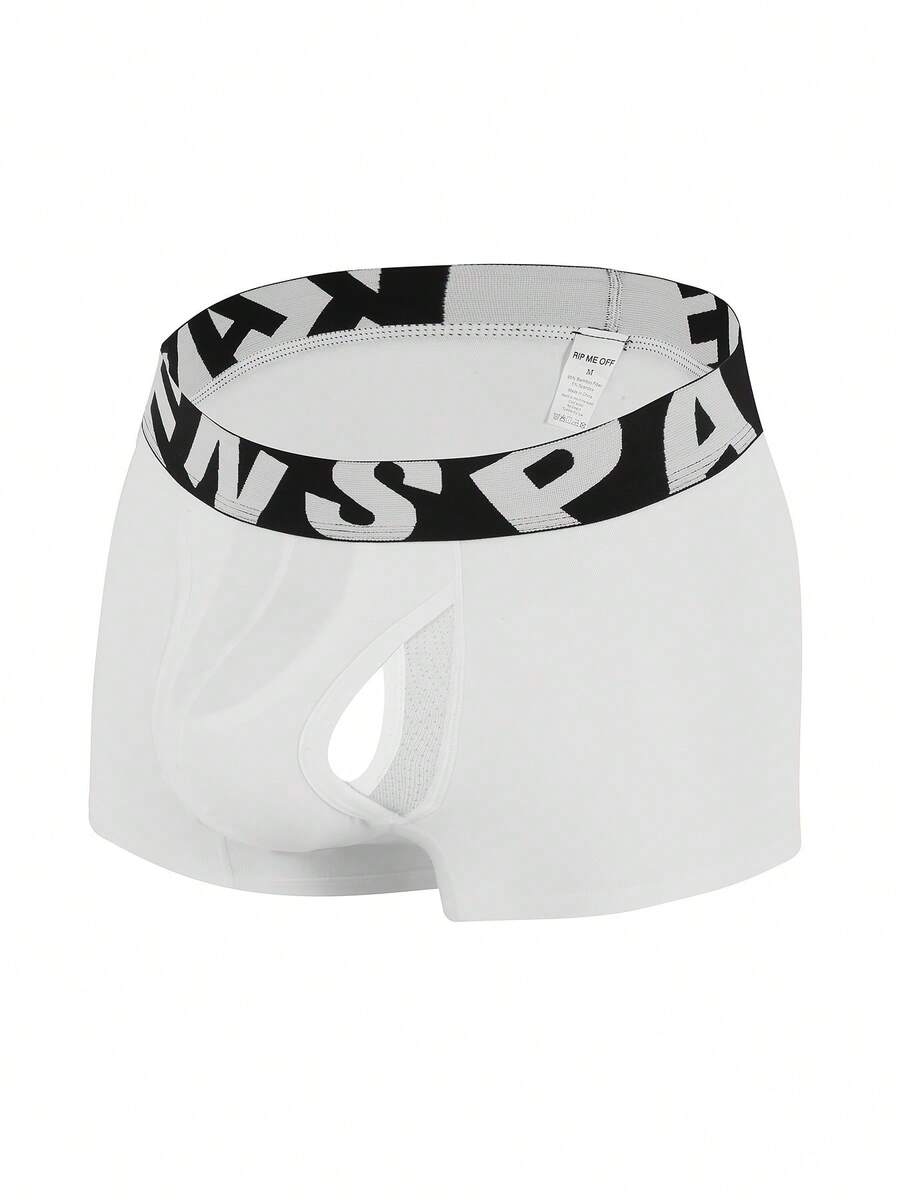 Men's sporty underwear trunks in royal blue featuring an opening pouch design, mid-rise elastic waistband, and colorblock patched details.