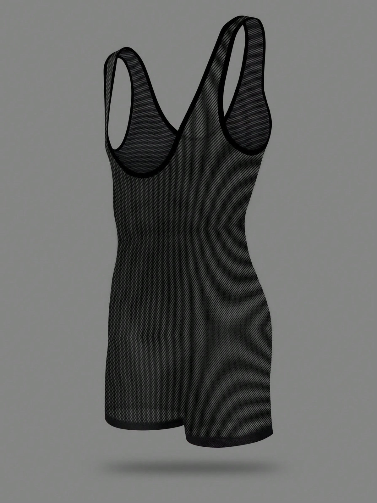 Black scoop neck sheer romper boxer shorts for men featuring low rise fit and knitted fabric.