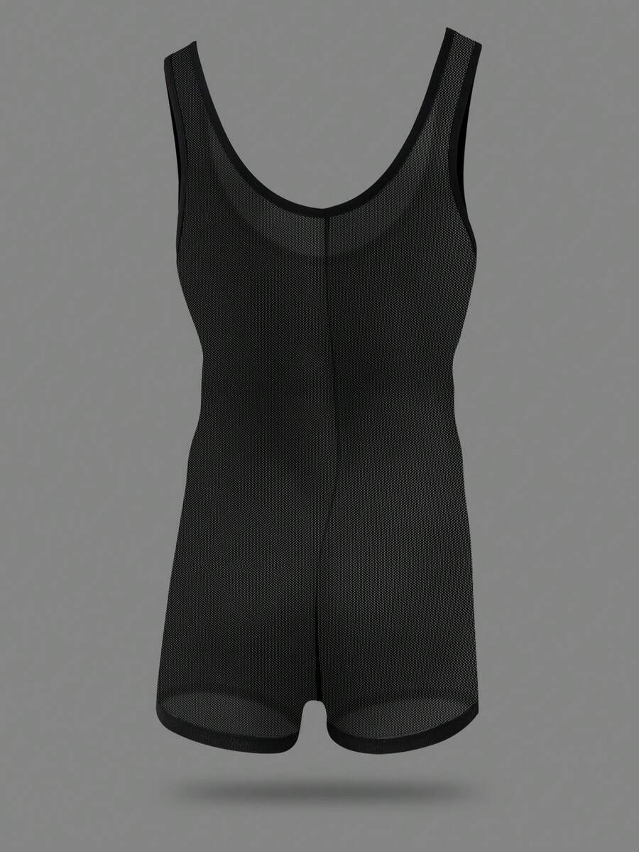 Black scoop neck sheer romper boxer shorts for men featuring low rise fit and knitted fabric.
