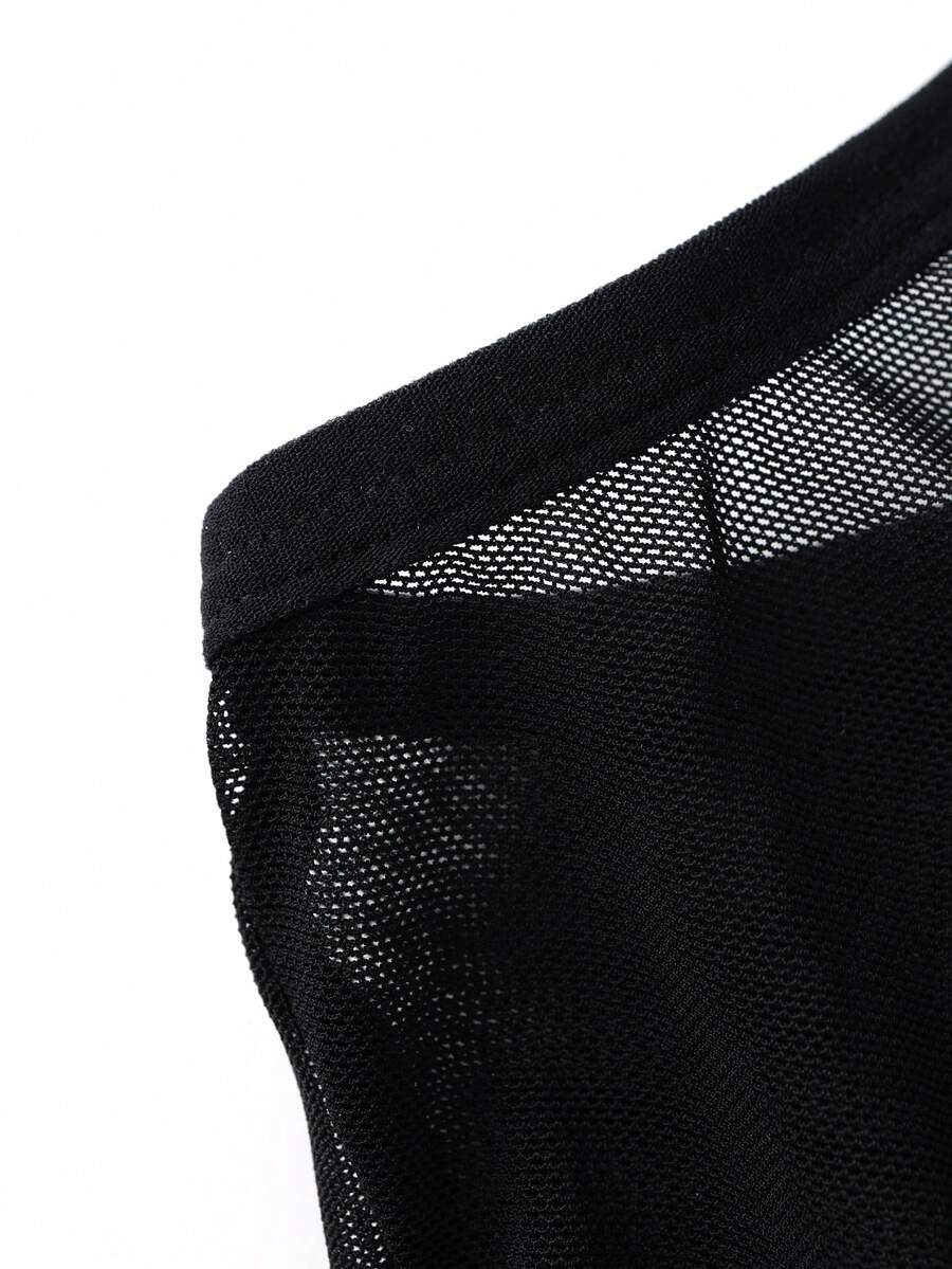 Black scoop neck sheer romper boxer shorts for men featuring low rise fit and knitted fabric.