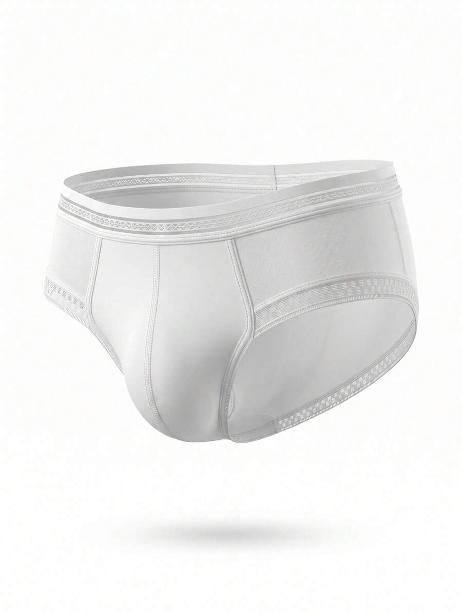 White low rise men's lace trim briefs with medium stretch fabric.