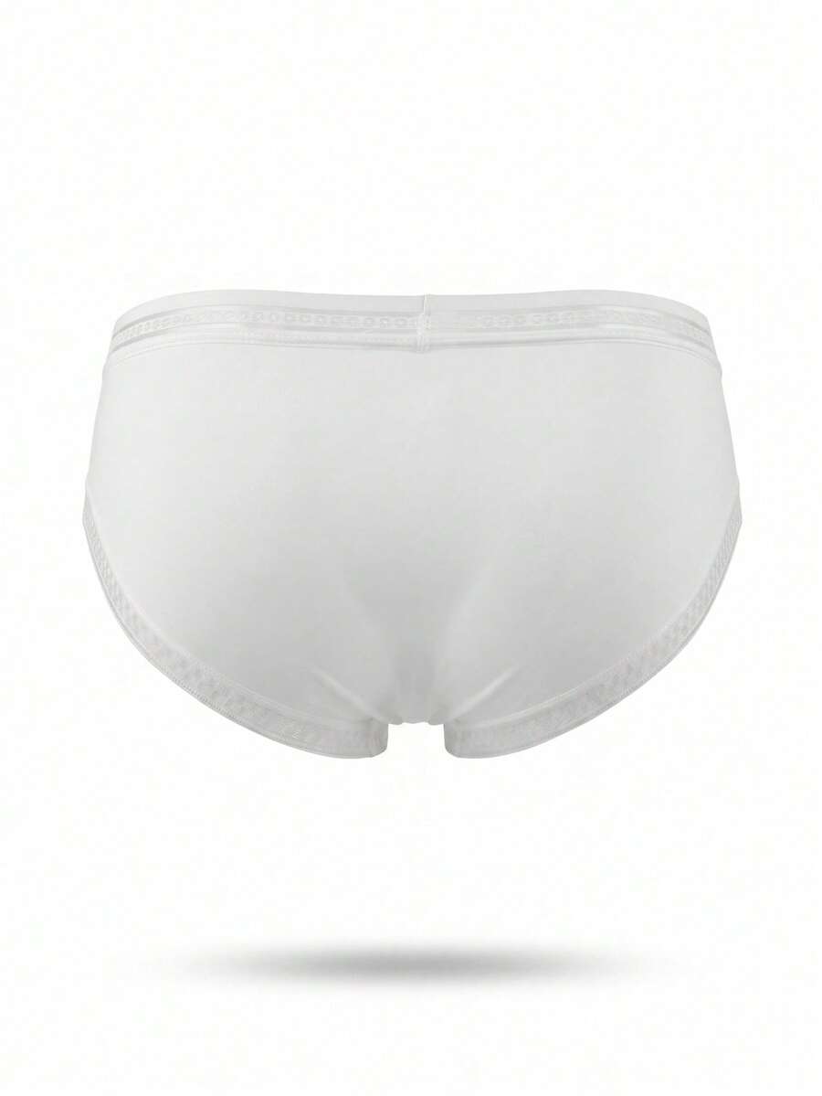 White low rise men's lace trim briefs with medium stretch fabric.