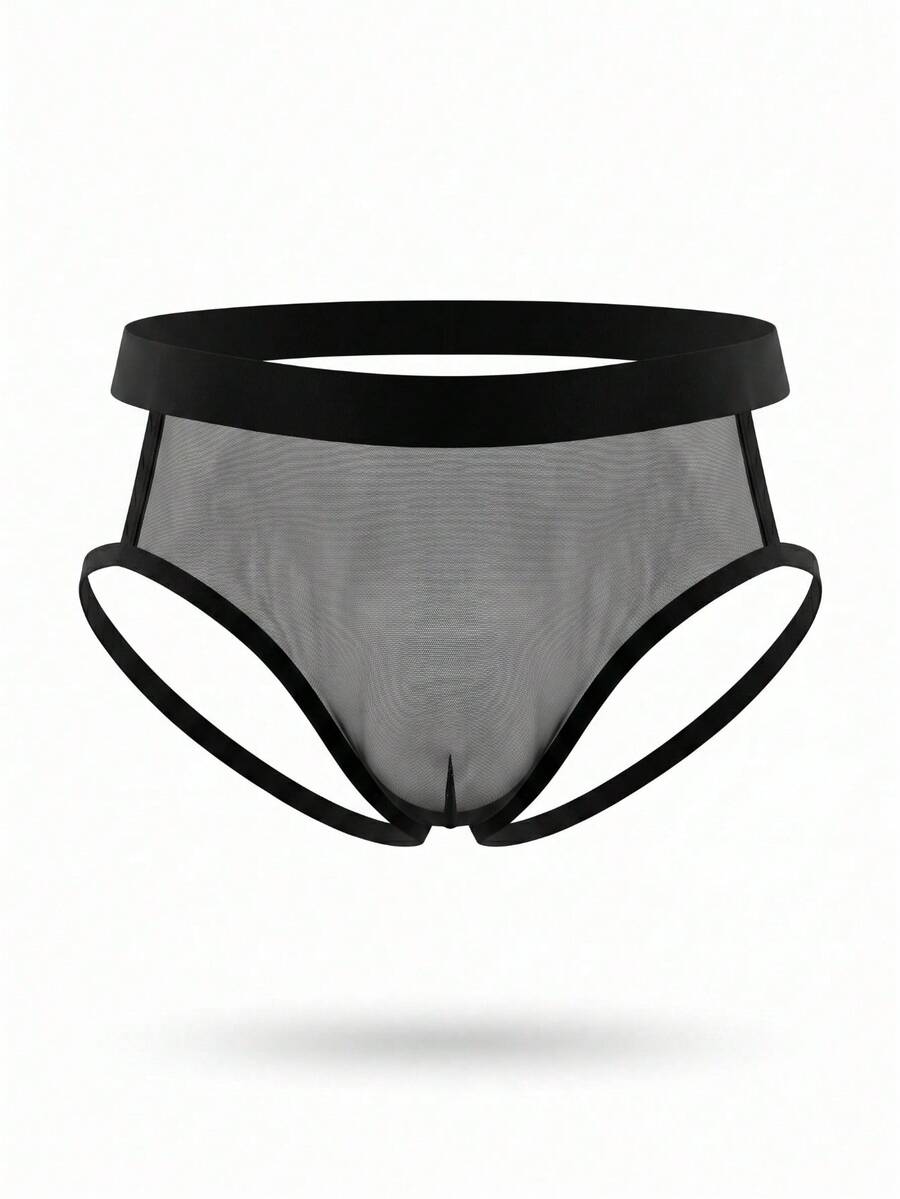 Black men's low rise triangle briefs featuring contrast mesh panels and cut-out details made of knitted fabric.