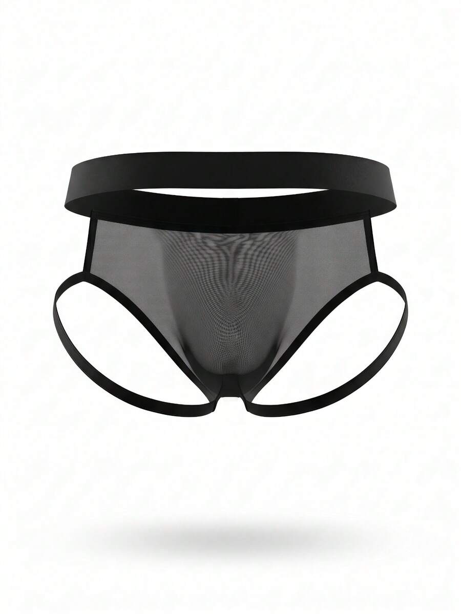 Black men's low rise triangle briefs featuring contrast mesh panels and cut-out details made of knitted fabric.