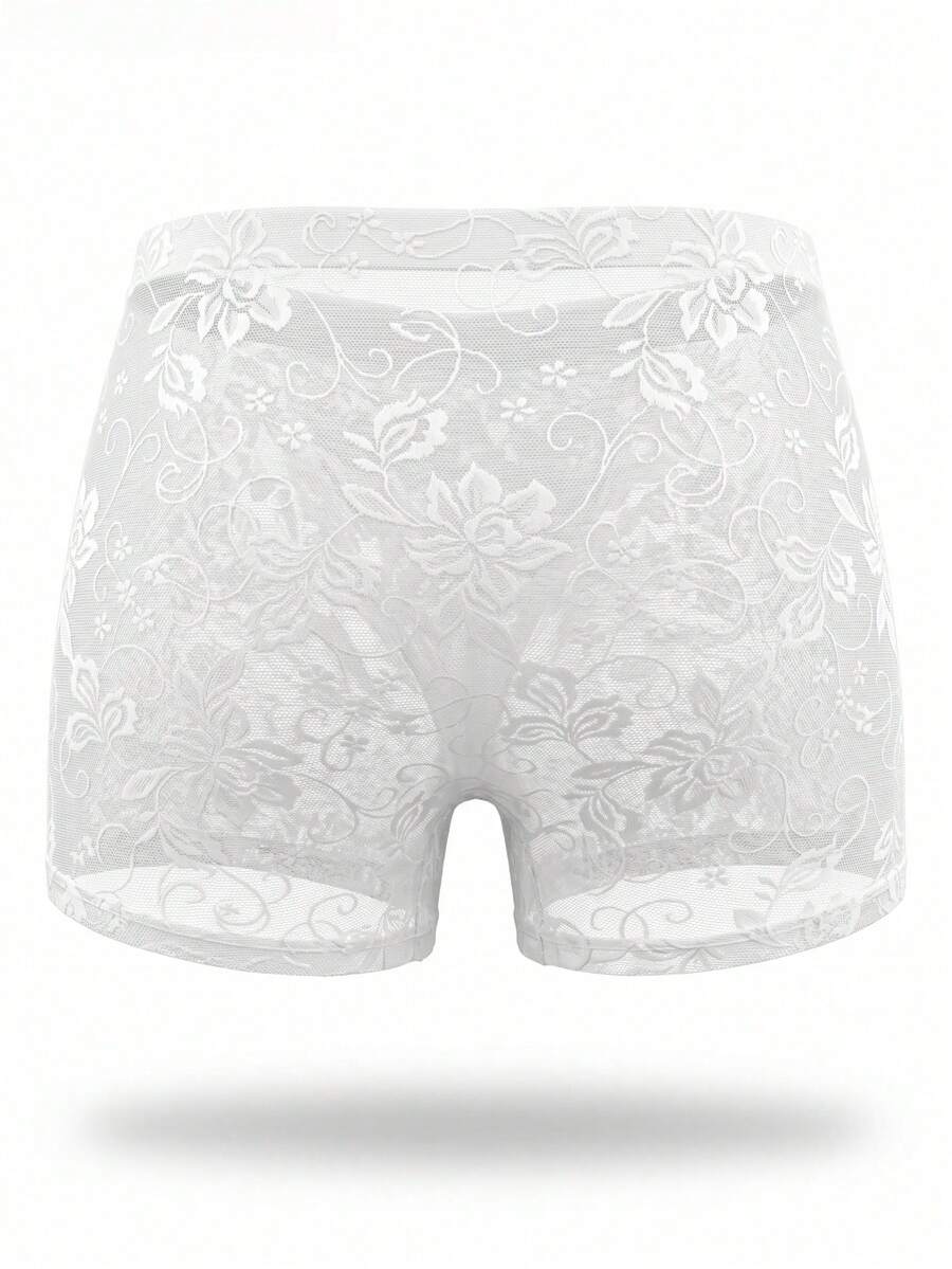 White low rise men's mesh boxer shorts featuring a plant print and rib-knit details.