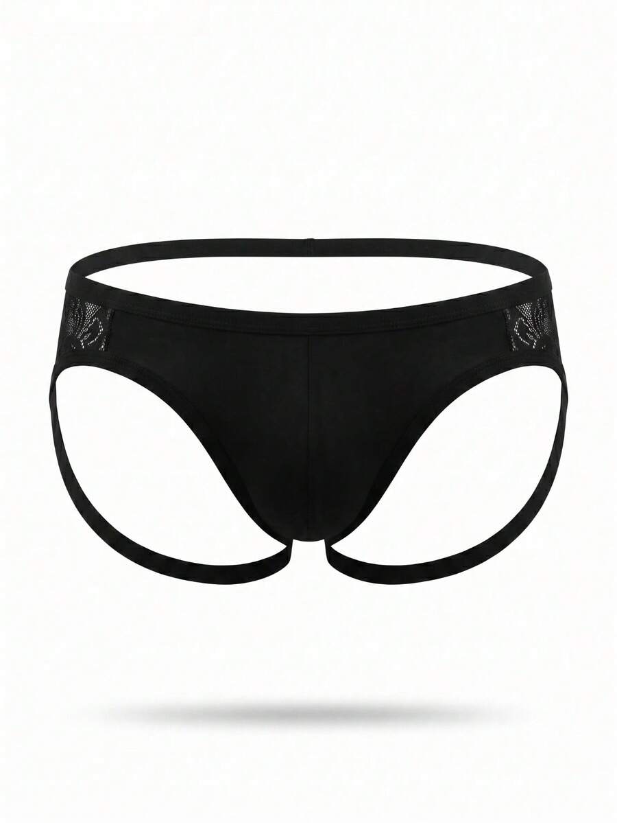Black low-rise men's lace jockstrap V-string underwear made of medium-stretch knitted fabric.