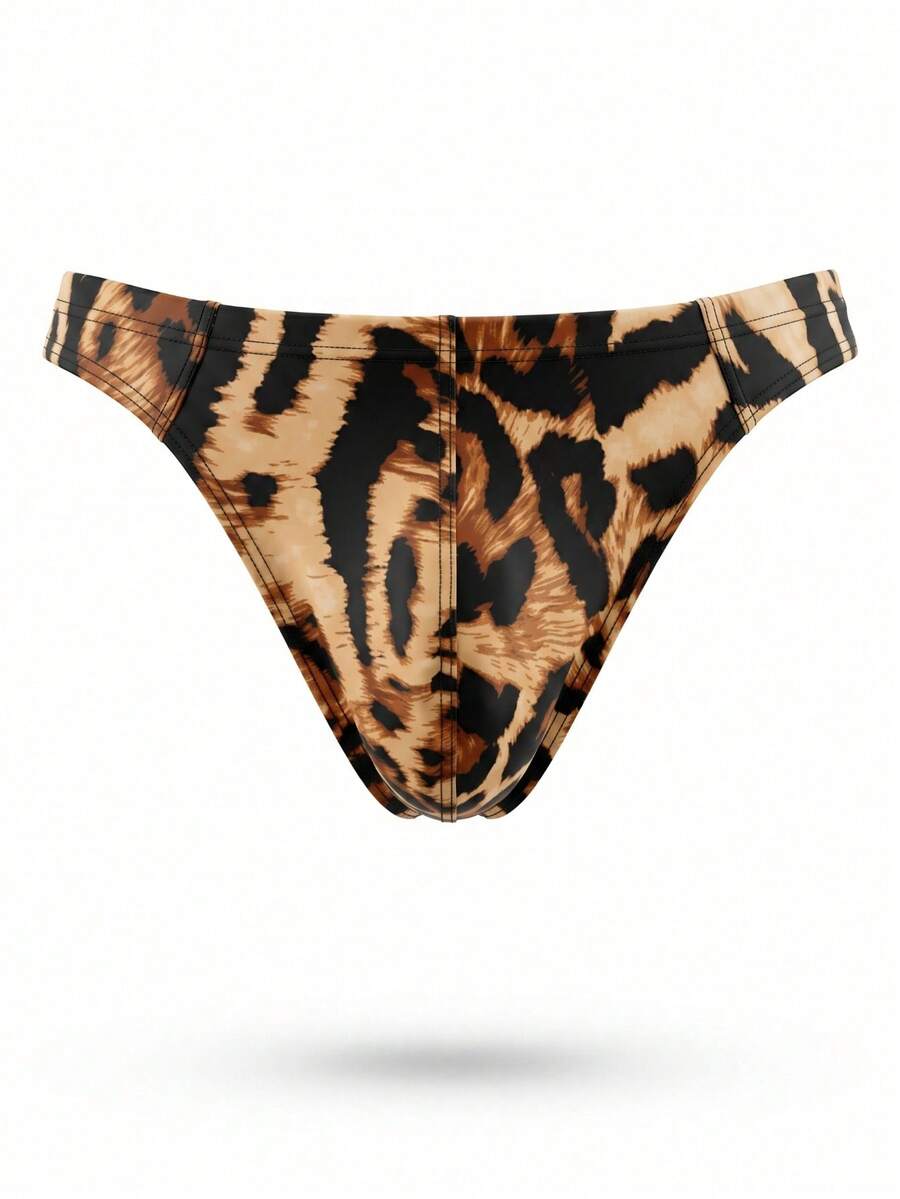 Men's leopard print thong underwear featuring a low-rise fit and high-stretch multicolor fabric.
