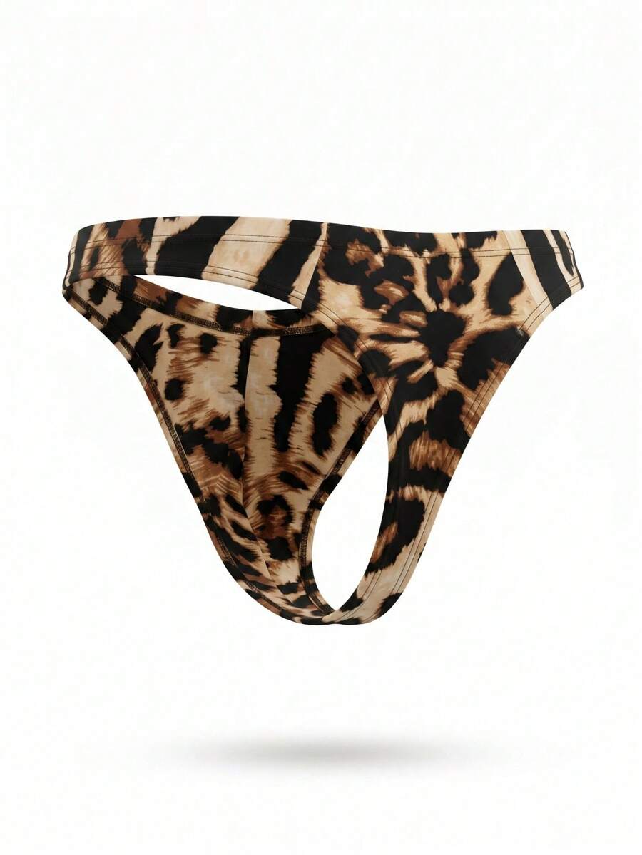 Men's leopard print thong underwear featuring a low-rise fit and high-stretch multicolor fabric.