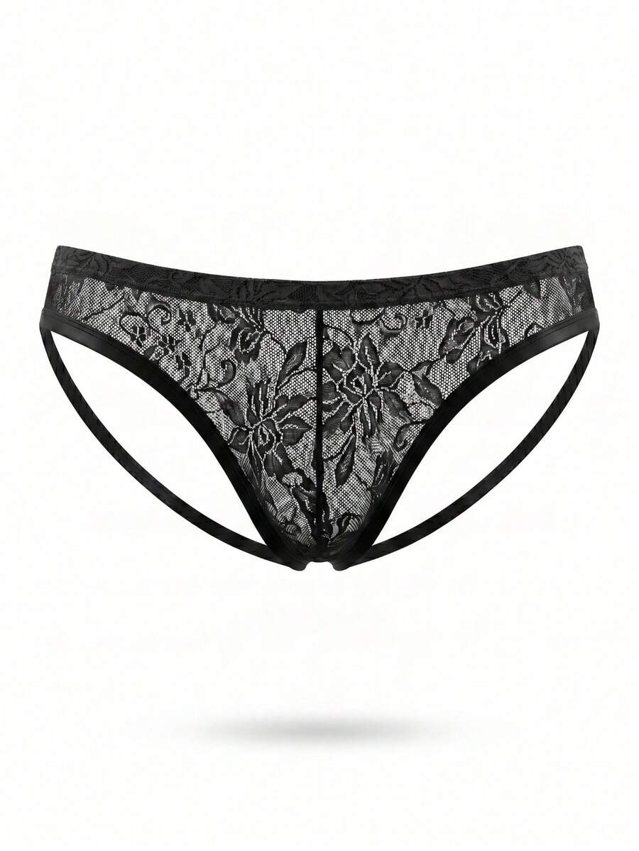 Black low-rise men's lace jockstrap V-string underwear made of medium-stretch knitted fabric.
