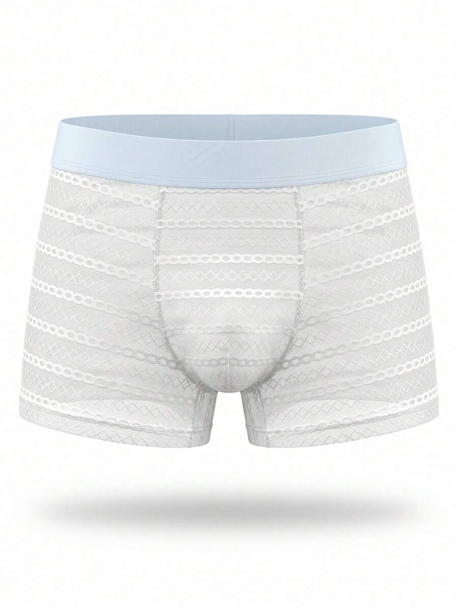 White men's mesh boxer shorts featuring cut out details, mid-rise waist, and a striped pattern design.