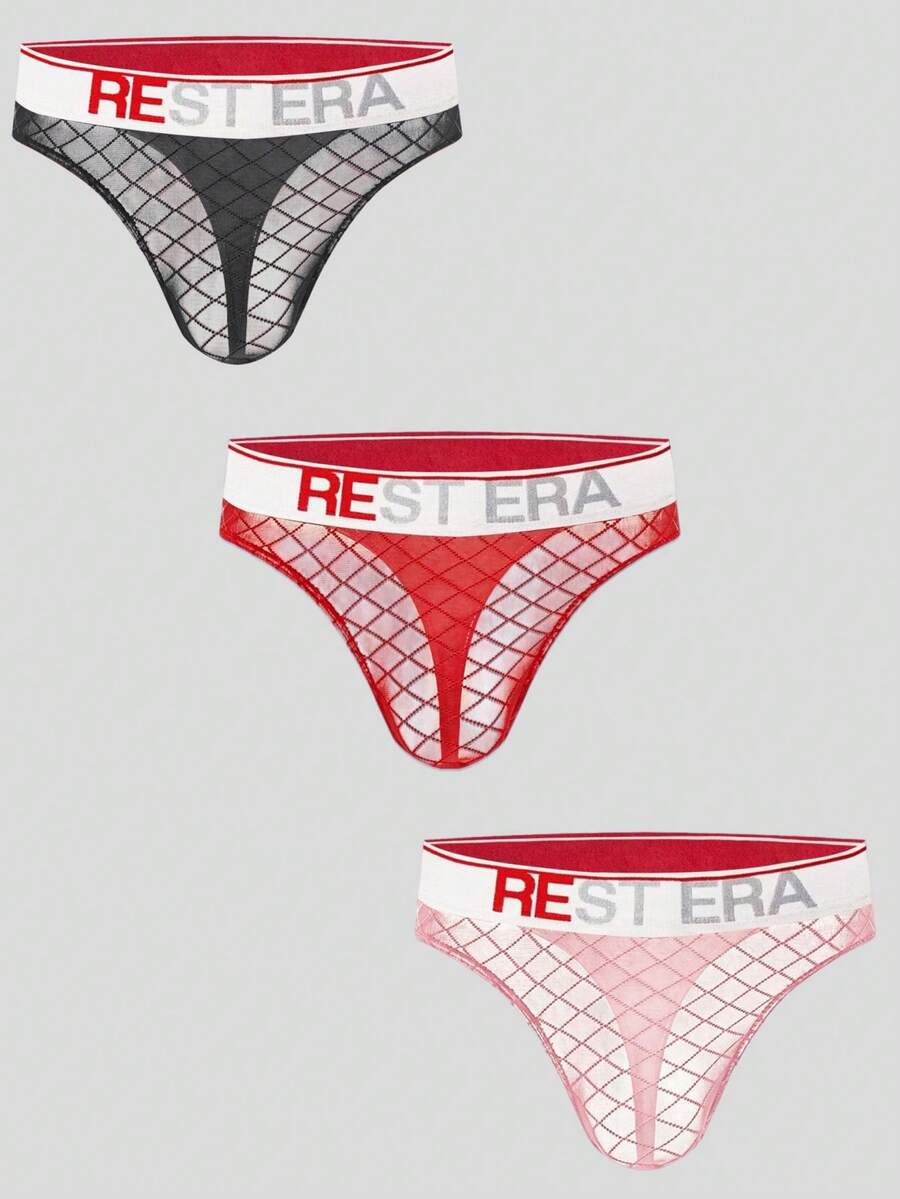 Black men's low rise letter print thongs in semi-sheer knitted fabric 3 piece set