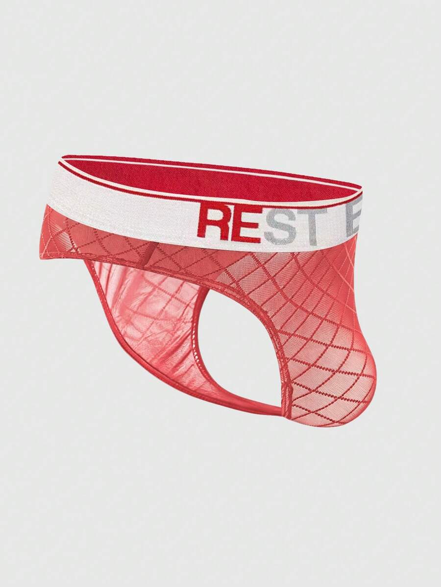 Black men's low rise letter print thongs in semi-sheer knitted fabric 3 piece set