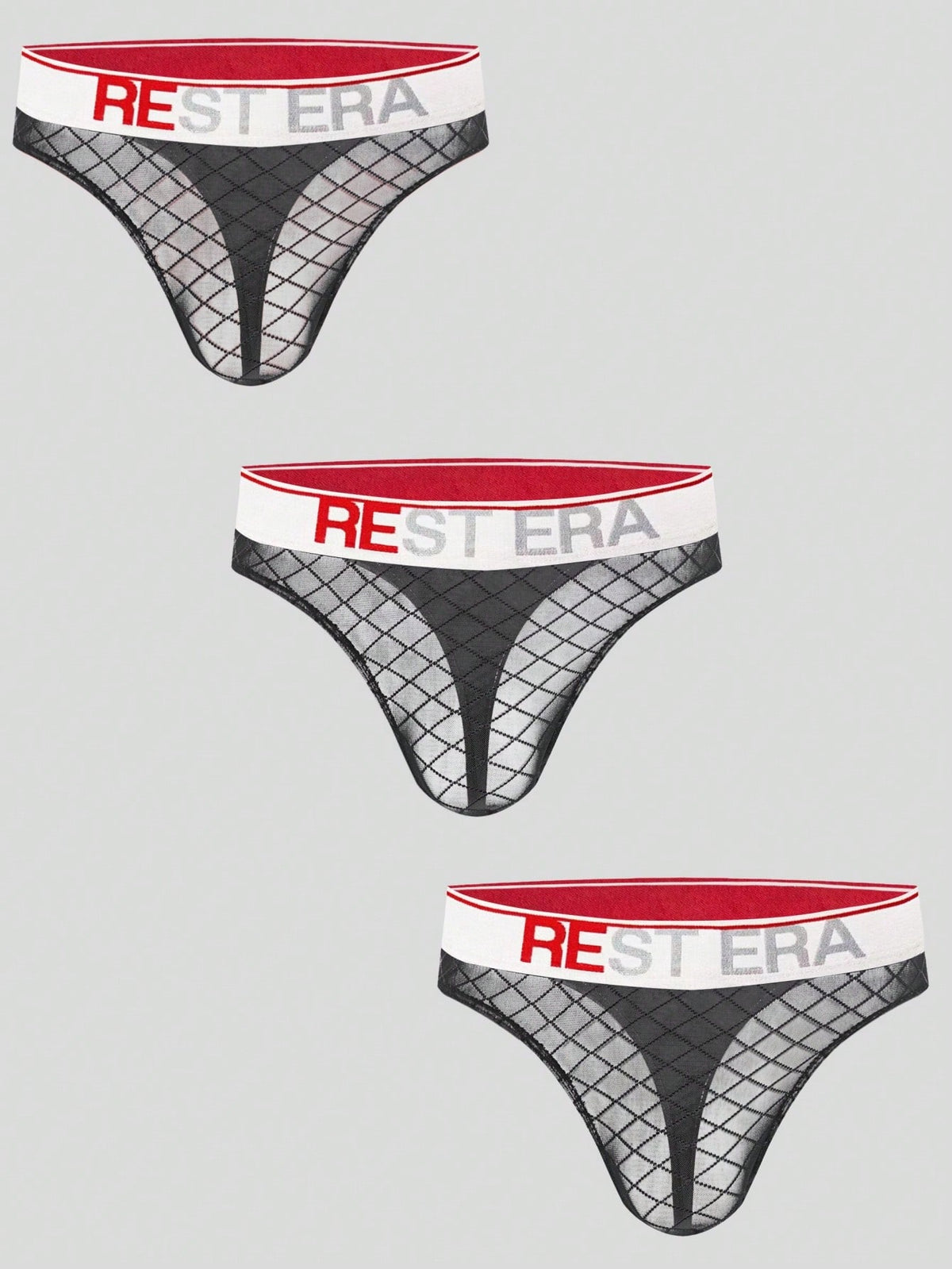 Black men's low rise letter print thongs in semi-sheer knitted fabric 3 piece set