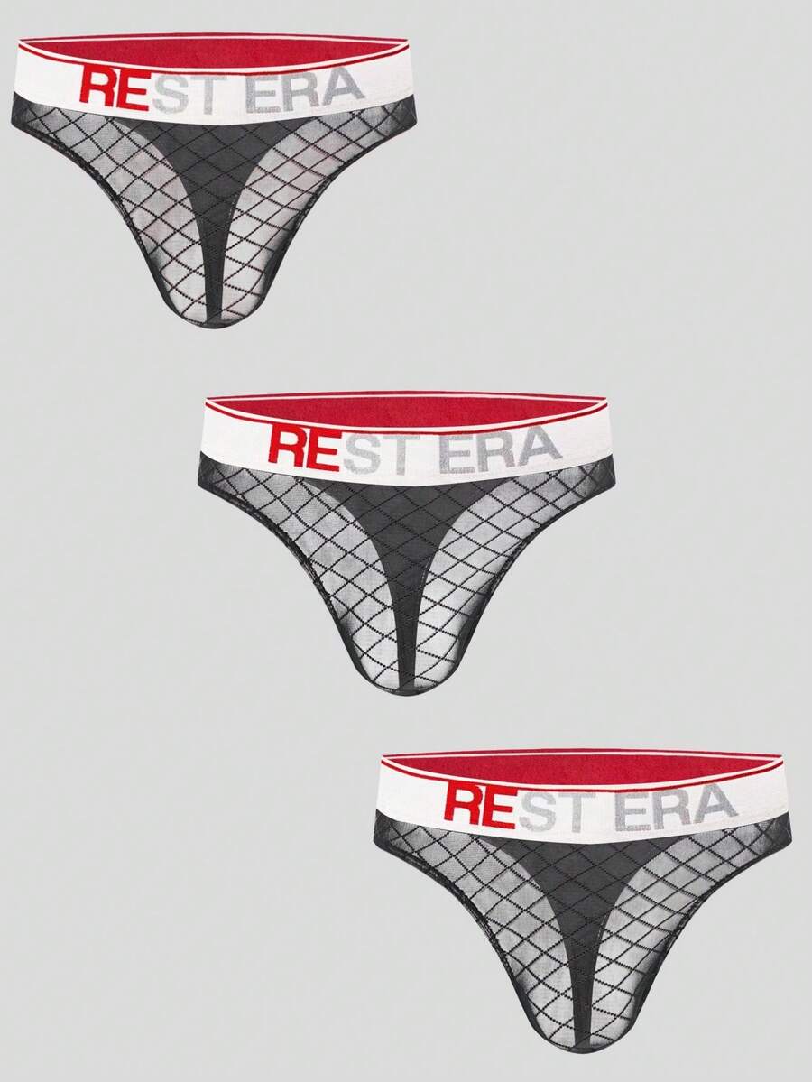 Black men's low rise letter print thongs in semi-sheer knitted fabric 3 piece set