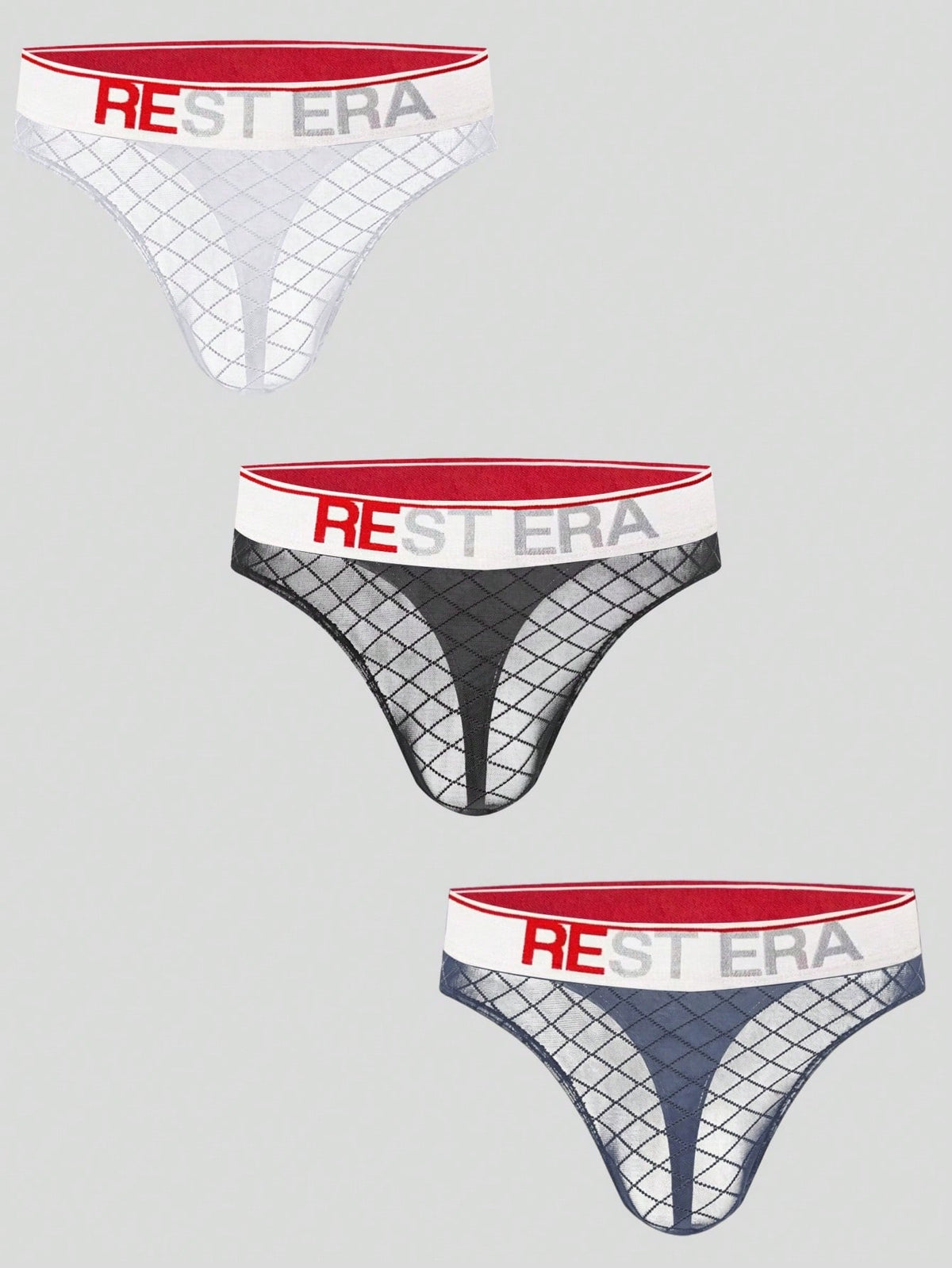 Black men's low rise letter print thongs in semi-sheer knitted fabric 3 piece set