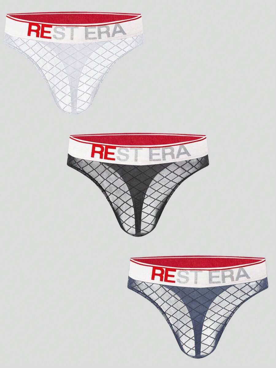 Black men's low rise letter print thongs in semi-sheer knitted fabric 3 piece set