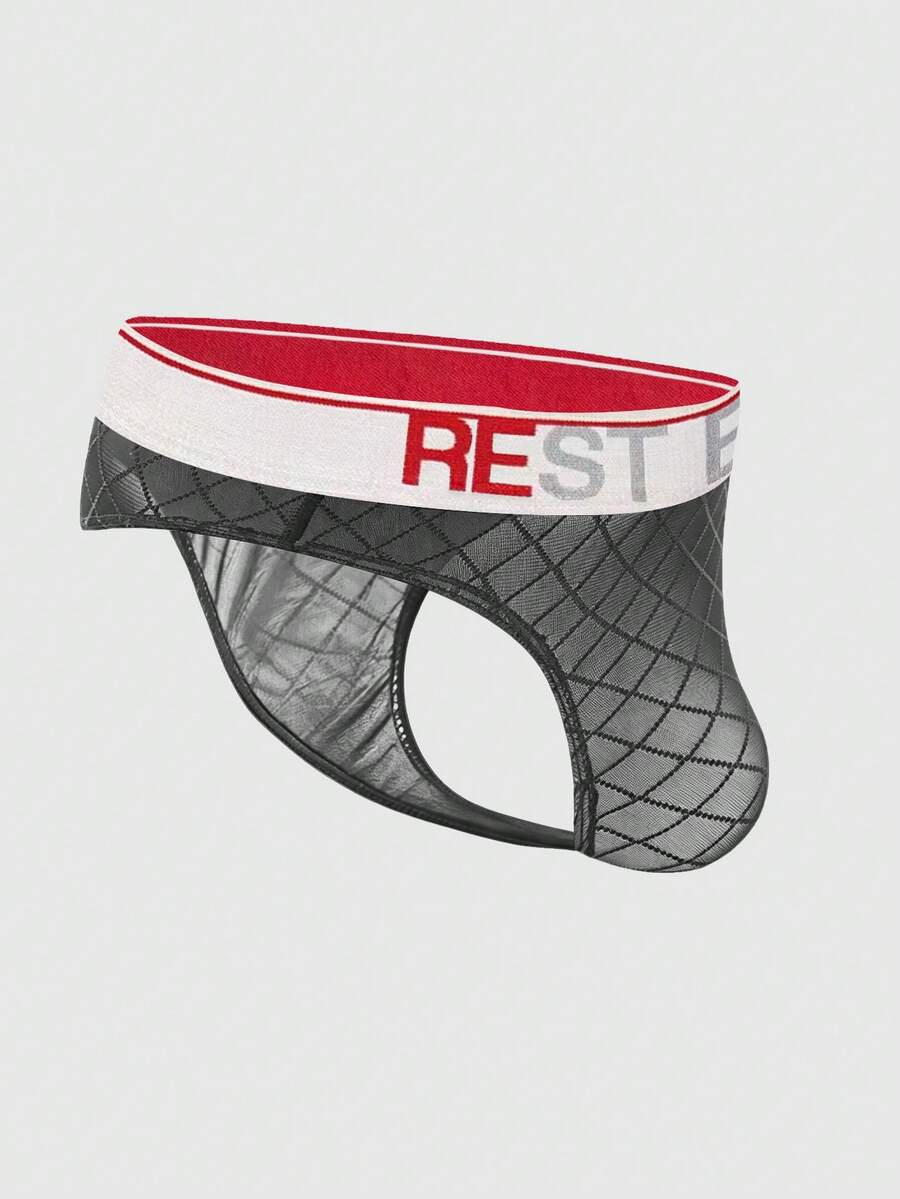 Black men's low rise letter print thongs in semi-sheer knitted fabric 3 piece set