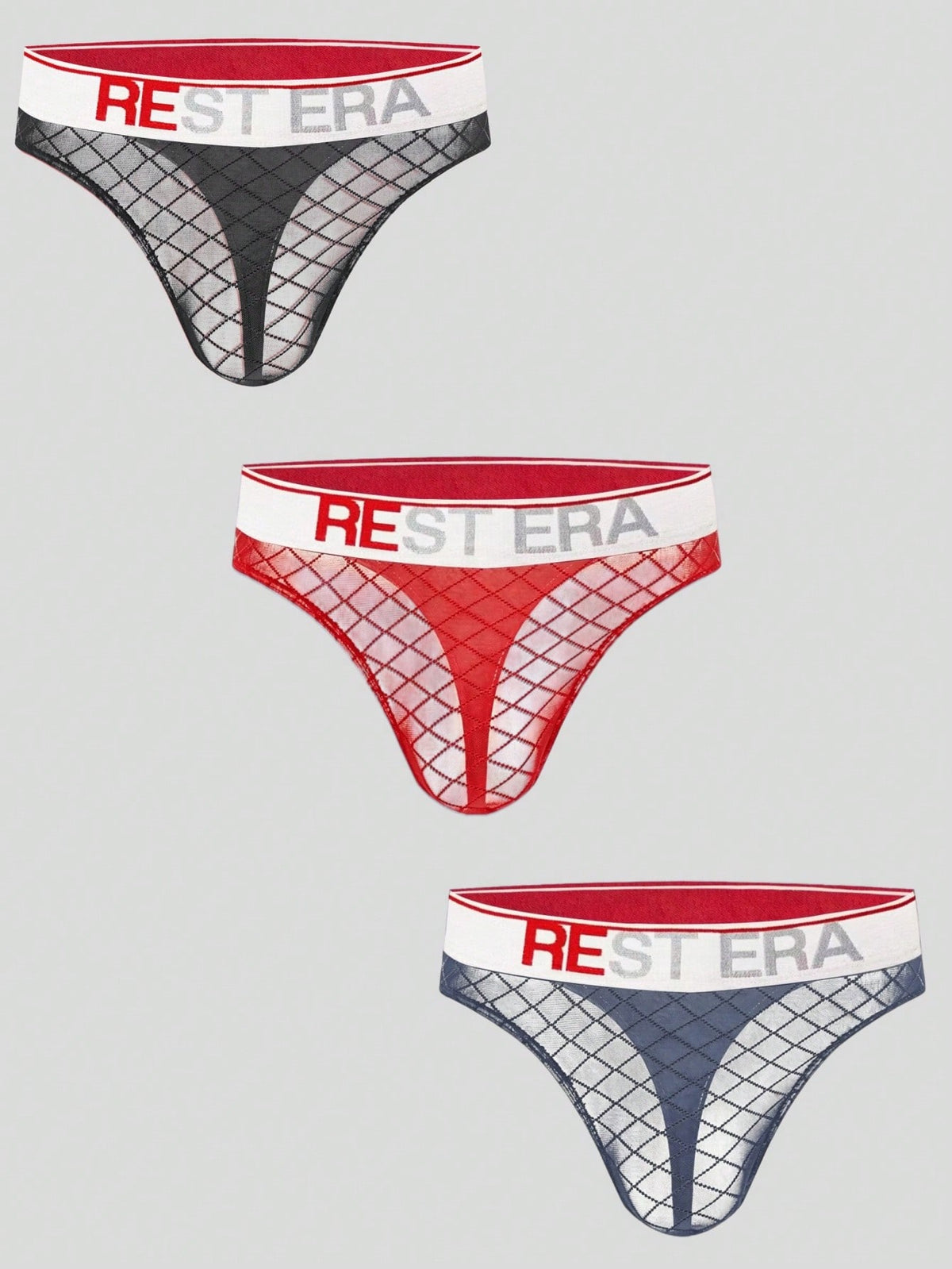 Black men's low rise letter print thongs in semi-sheer knitted fabric 3 piece set