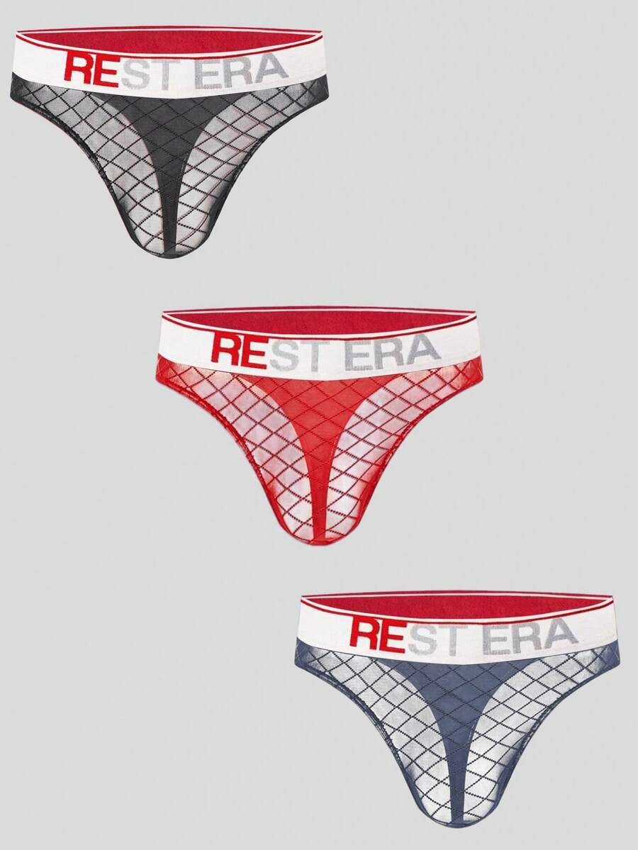Black men's low rise letter print thongs in semi-sheer knitted fabric 3 piece set