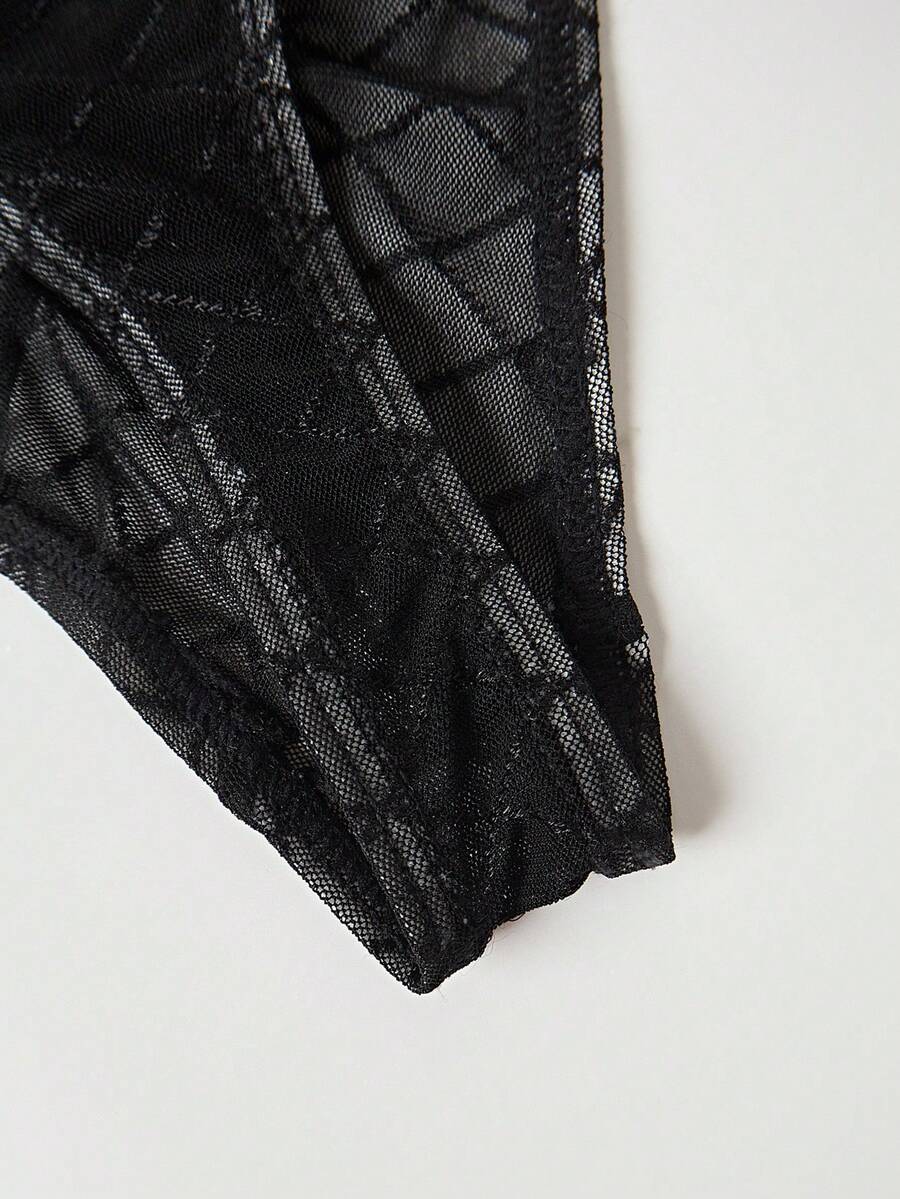 Black men's low rise letter print thongs in semi-sheer knitted fabric 3 piece set