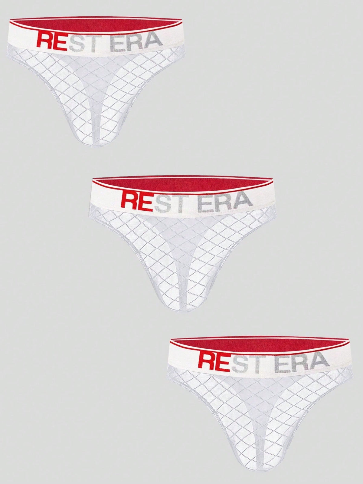 Black men's low rise letter print thongs in semi-sheer knitted fabric 3 piece set