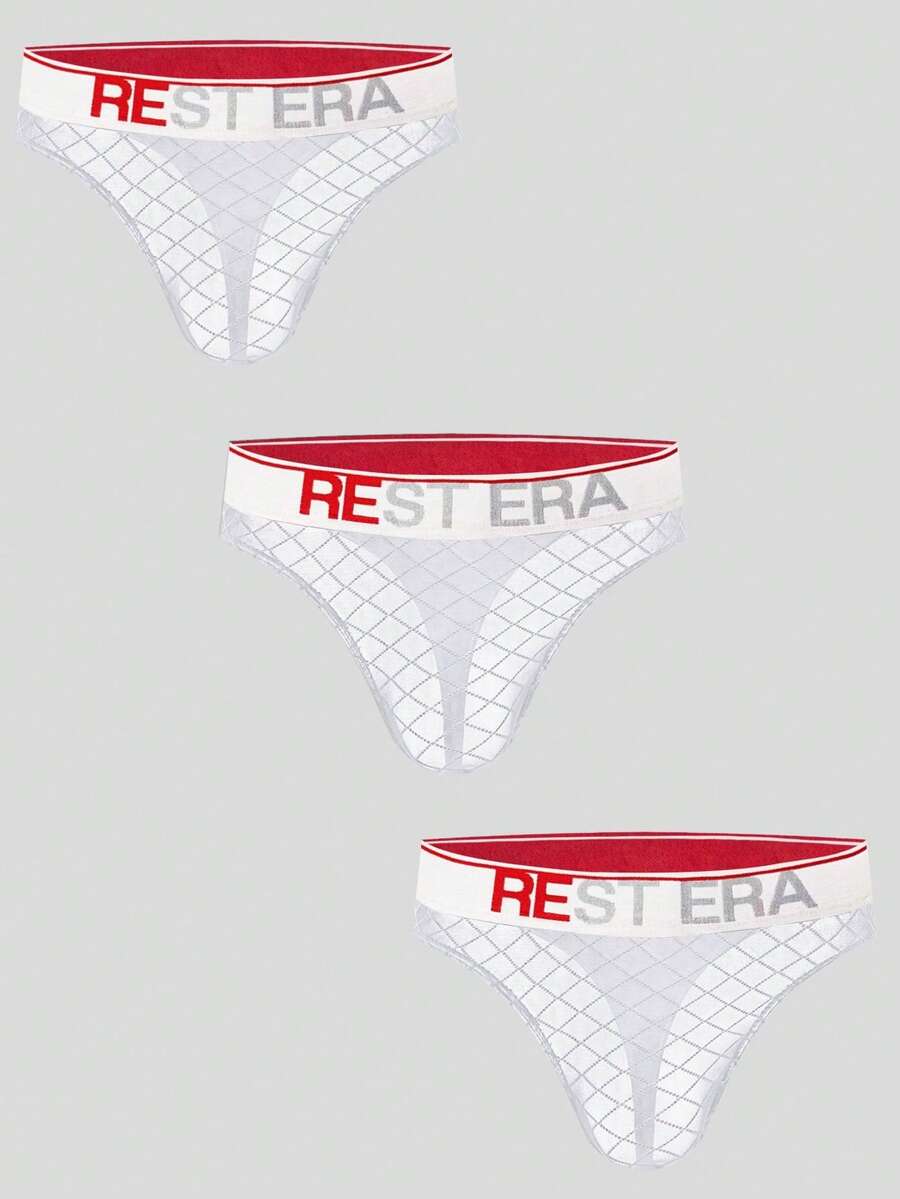 Black men's low rise letter print thongs in semi-sheer knitted fabric 3 piece set