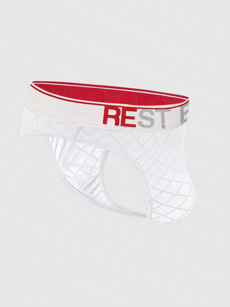 Black men's low rise letter print thongs in semi-sheer knitted fabric 3 piece set