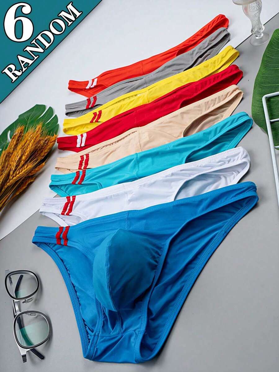 Multicolor men's low-rise briefs with contrast piping made from soft stretch knitted fabric.