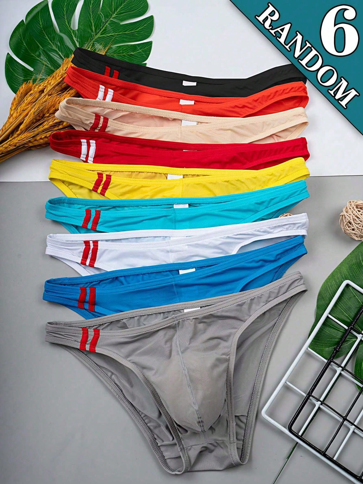 Multicolor men's low-rise briefs with contrast piping made from soft stretch knitted fabric.