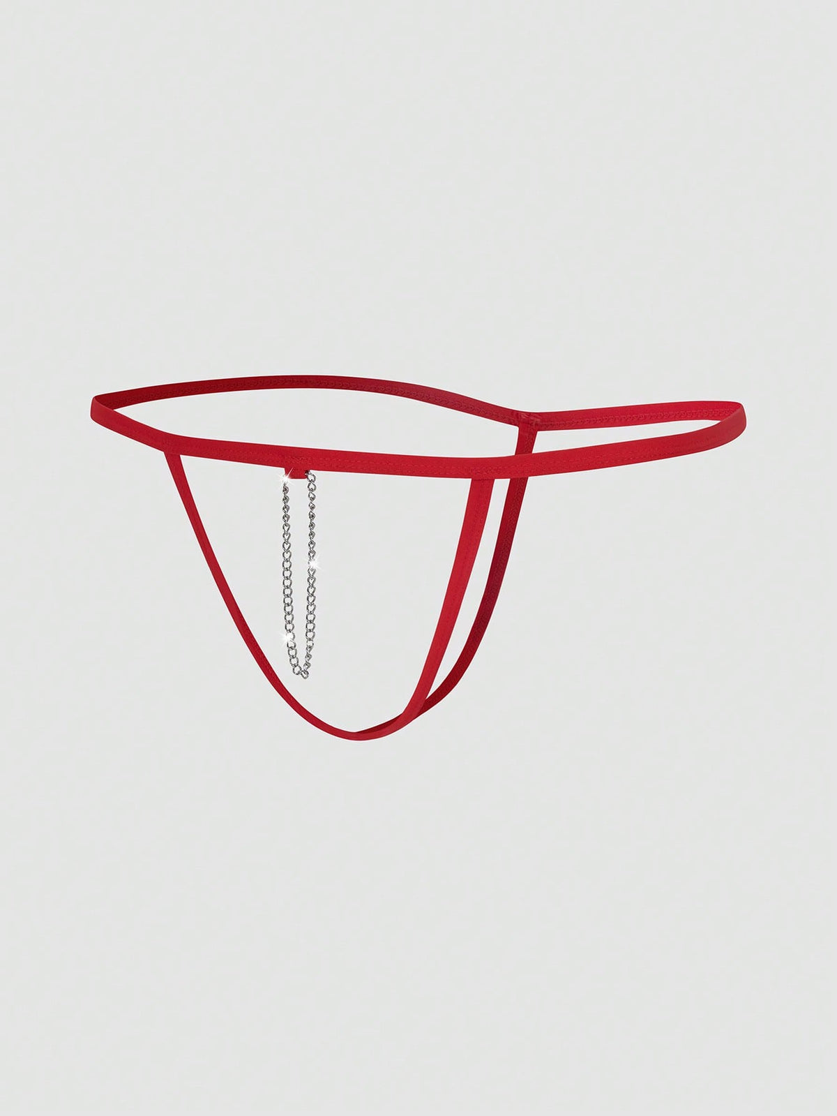 Red men's T-back thong underwear featuring a low-rise fit, colorblock pattern, and anti-slip chain detail.