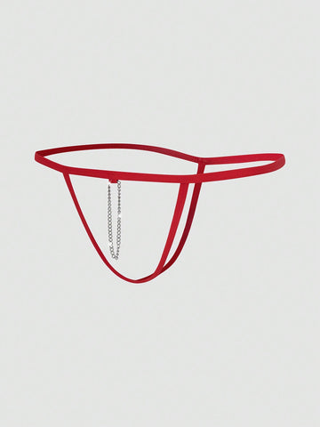 Red men's T-back thong underwear featuring a low-rise fit, colorblock pattern, and anti-slip chain detail.